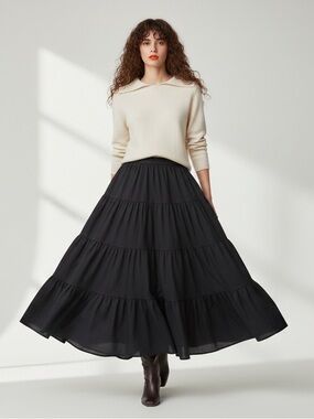 Vintage Handmade Black Crinkled Tiered Maxi Skirt Size M